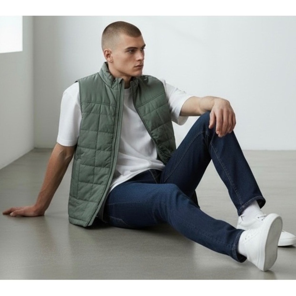 Lands' End Mens Quilted Puffer Vest Sage Green Mock Neck Full Zip XS 30-32 NEW